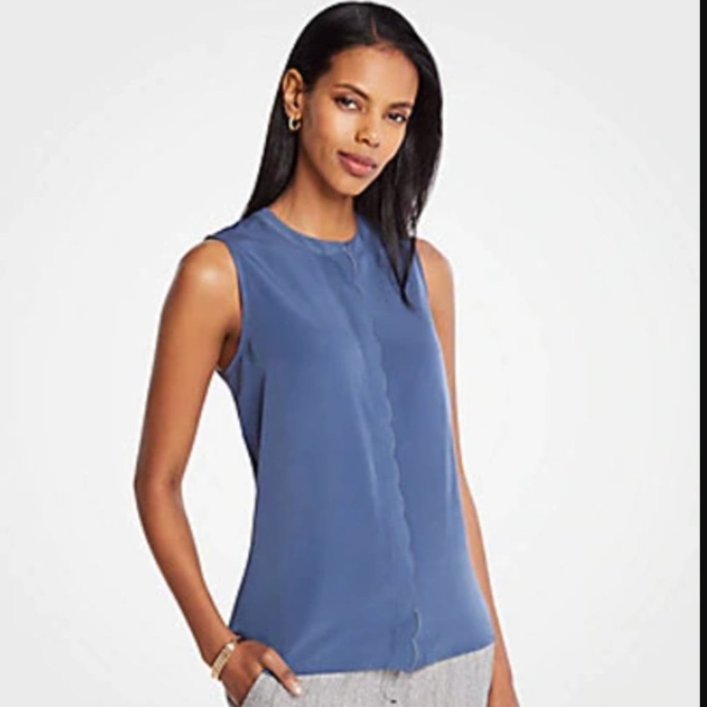 Ann Taylor Scalloped Placket Shell In Cyclone Blue